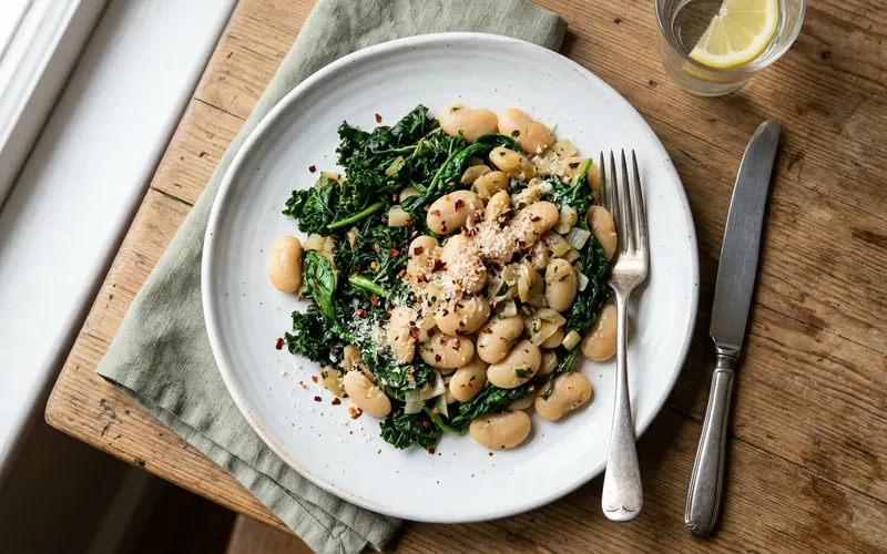 Butter beans and dark greens on a white plate