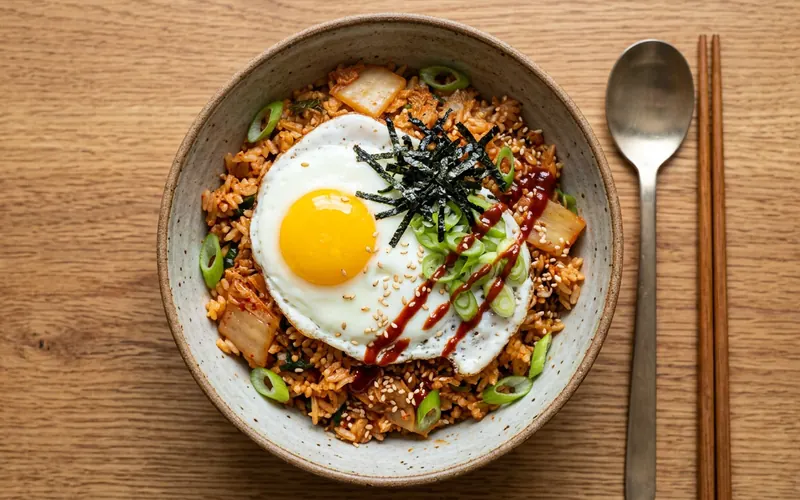 Kimchi fried rice topped with a fried egg