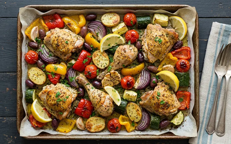 A tray of roast chicken thighs with peppers, courgette, tomatoes and olives
