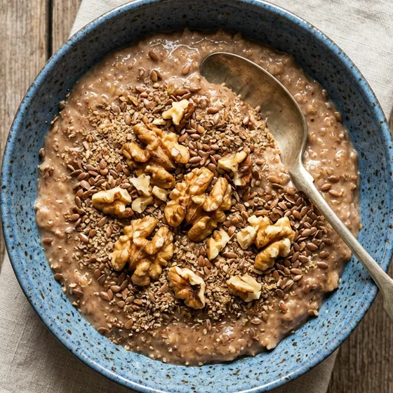 A blue bowl of porridge topped with walnuts and ground flaxseed