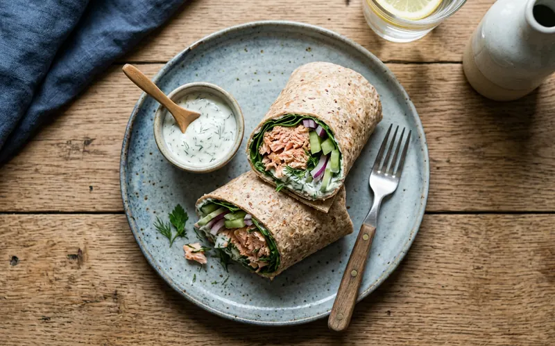 A wholemeal salmon wrap on a blue plate, with a small pot of yoghurt dip