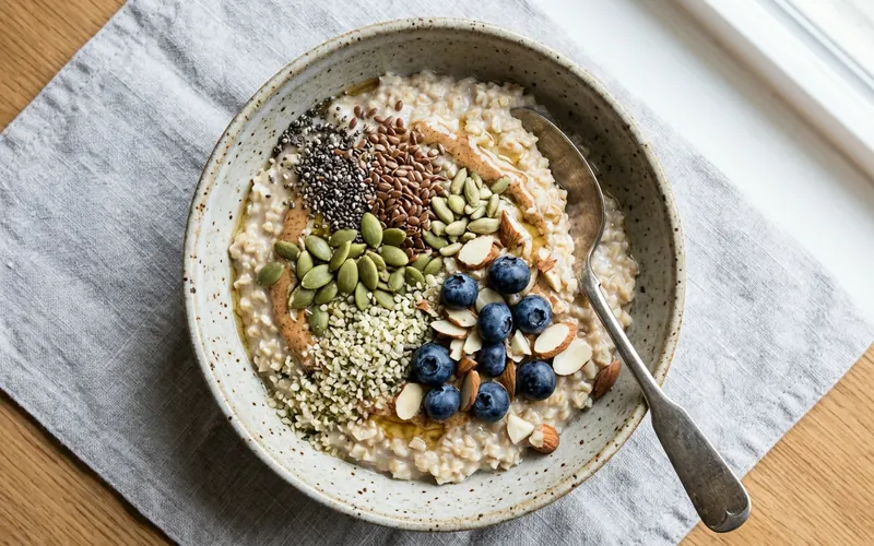 Steel-cut oats topped with seeds and blueberries