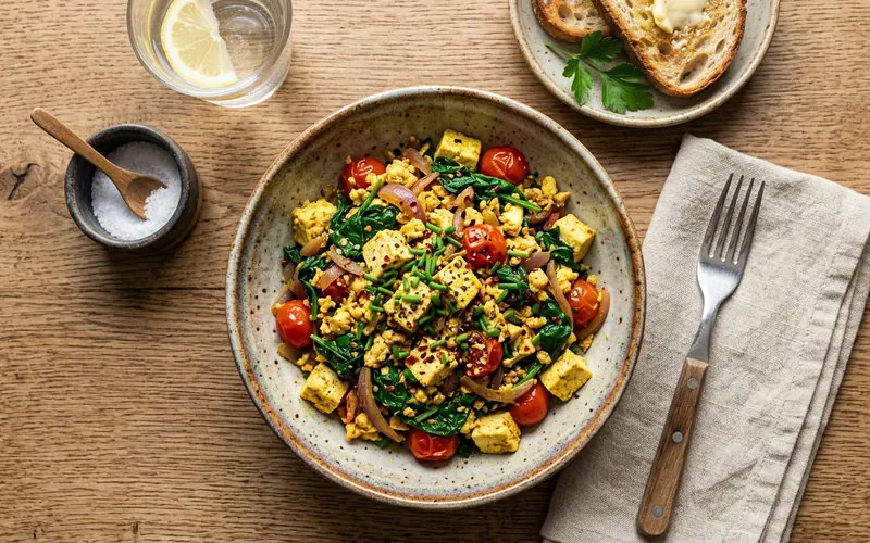 Tofu scrambled with spinach and cherry tomatoes
