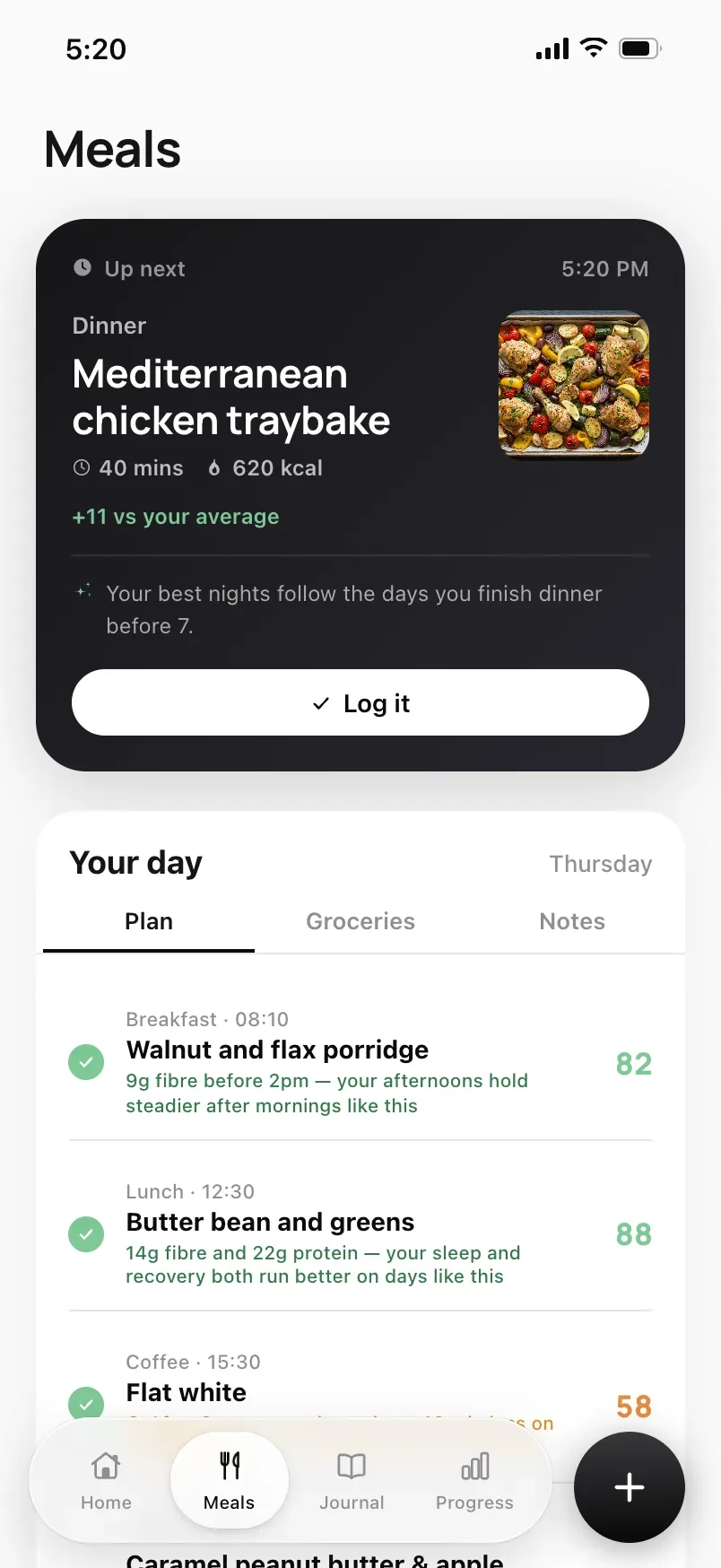 Meals: up next, Mediterranean chicken traybake, with the note: your best nights follow the days you finish dinner before 7.